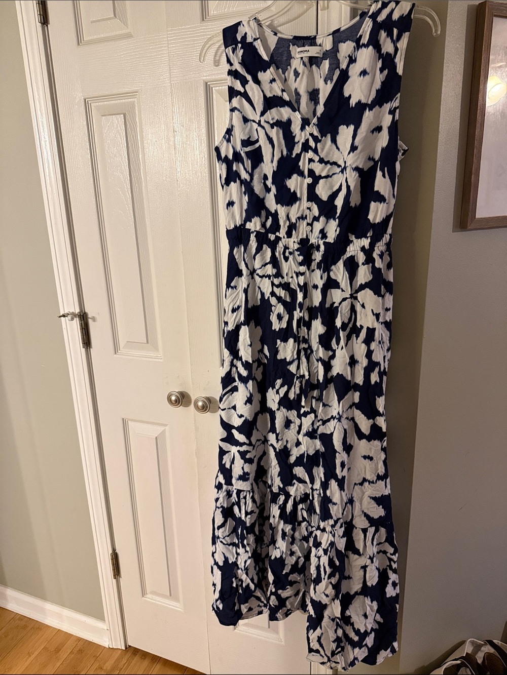 Sonoma Navy & White Floral Button-Front Maxi Dress